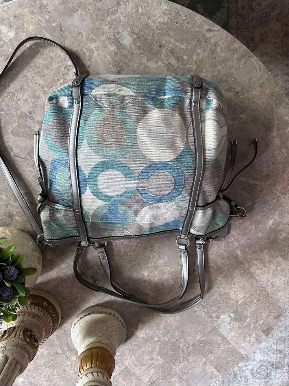 Coach Silver Metallic & Blue Signature Canvas Shoulder Bag